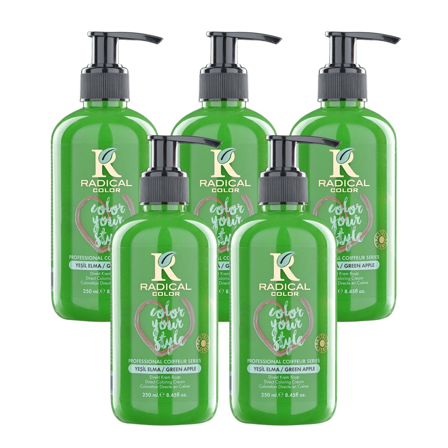 Radical Color NEW 25/Greenapple Amonyaksız Su Bazlı Saç Boyası 250 ML 5 Adet Yeşil Elma Radical Color NEW 25/Greenapple Amonyaksız Su Bazlı Saç Boyası 250 ML 5 Adet Yeşil Elma