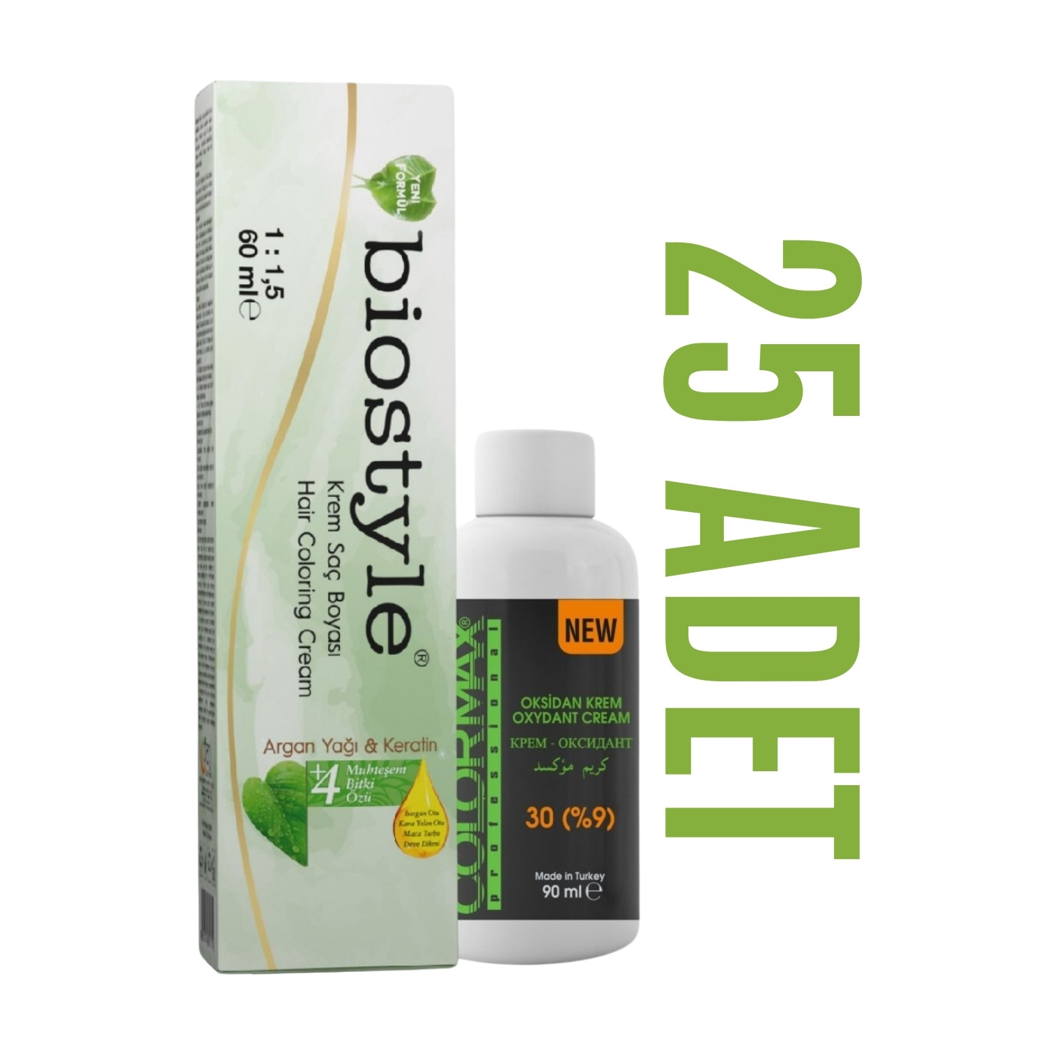 Biostyle Kuaför Seti 60 Ml 25 Adet Saç Boyası + 25 Adet 90 Ml Oksidan Biostyle Kuaför Seti 60 Ml 25 Adet Saç Boyası + 25 Adet 90 Ml Oksidan